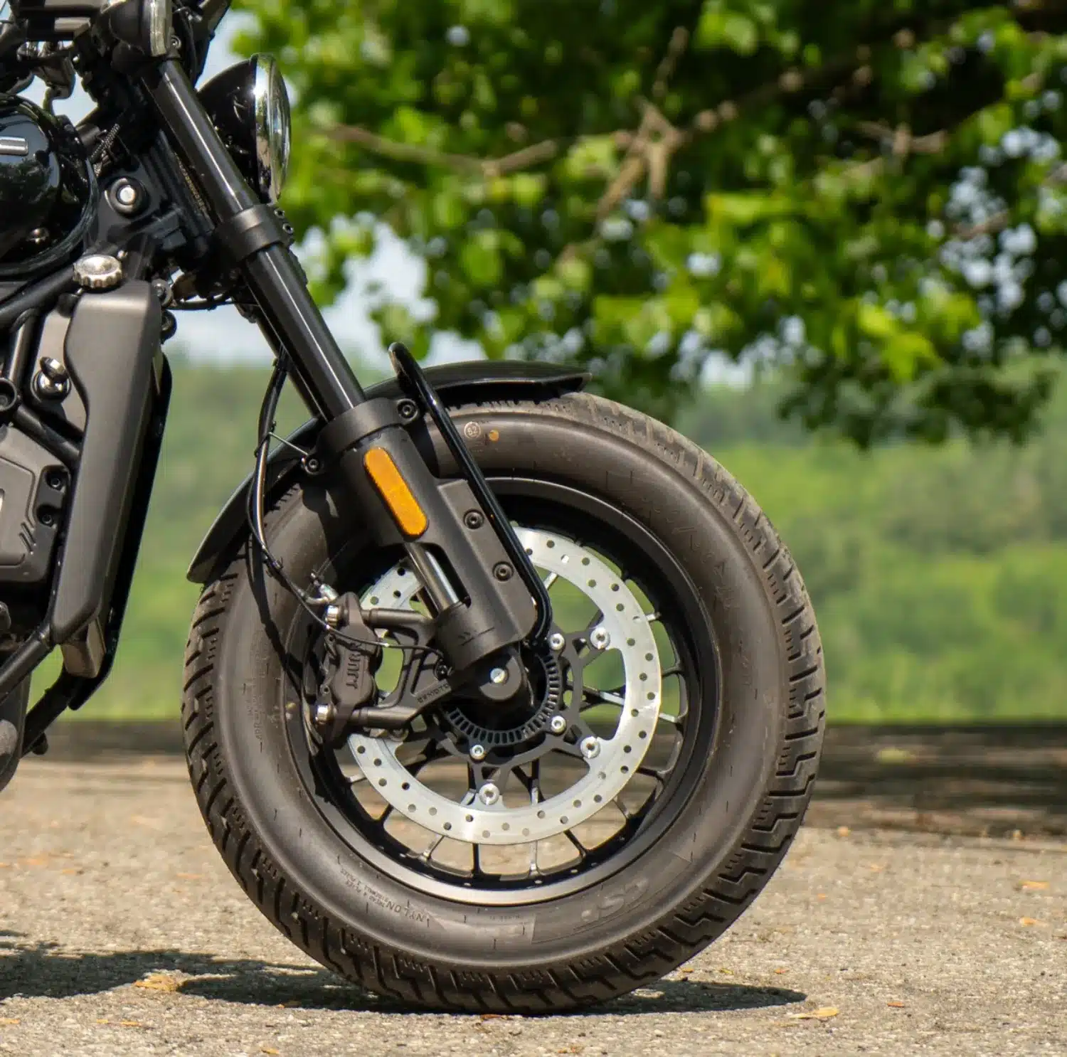 Wheel, suspension and front brake