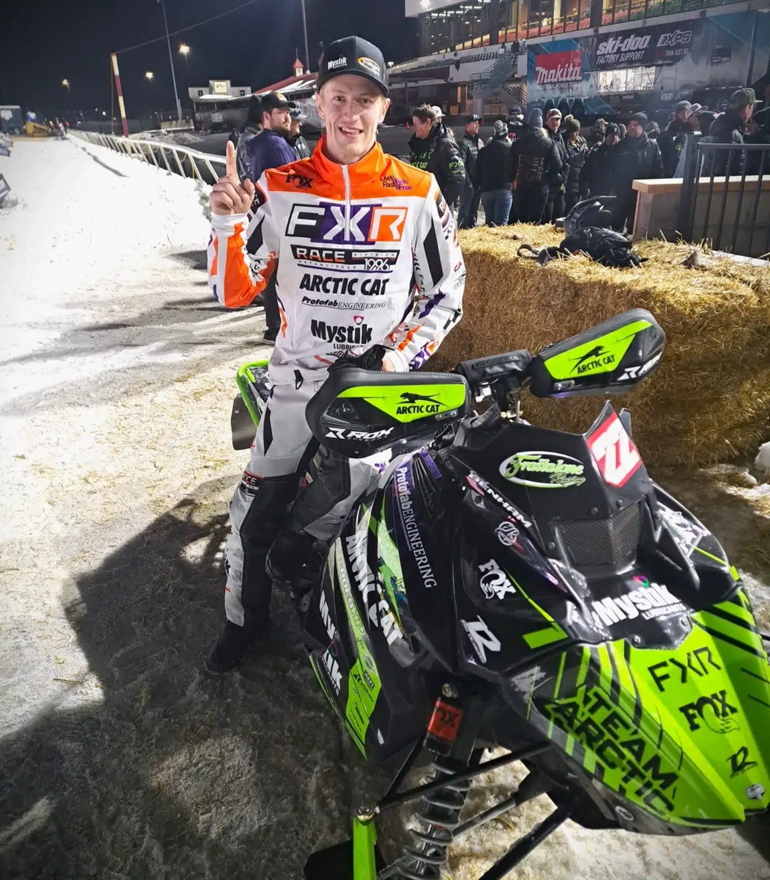 Team Arctic snocross racing. Daniel Benham at Canterbury with sled.