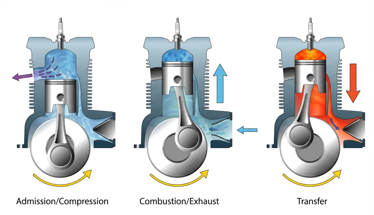 2-stroke engine cycle: (1) Intake/compression – (2) Combustion/expansion and exhaust