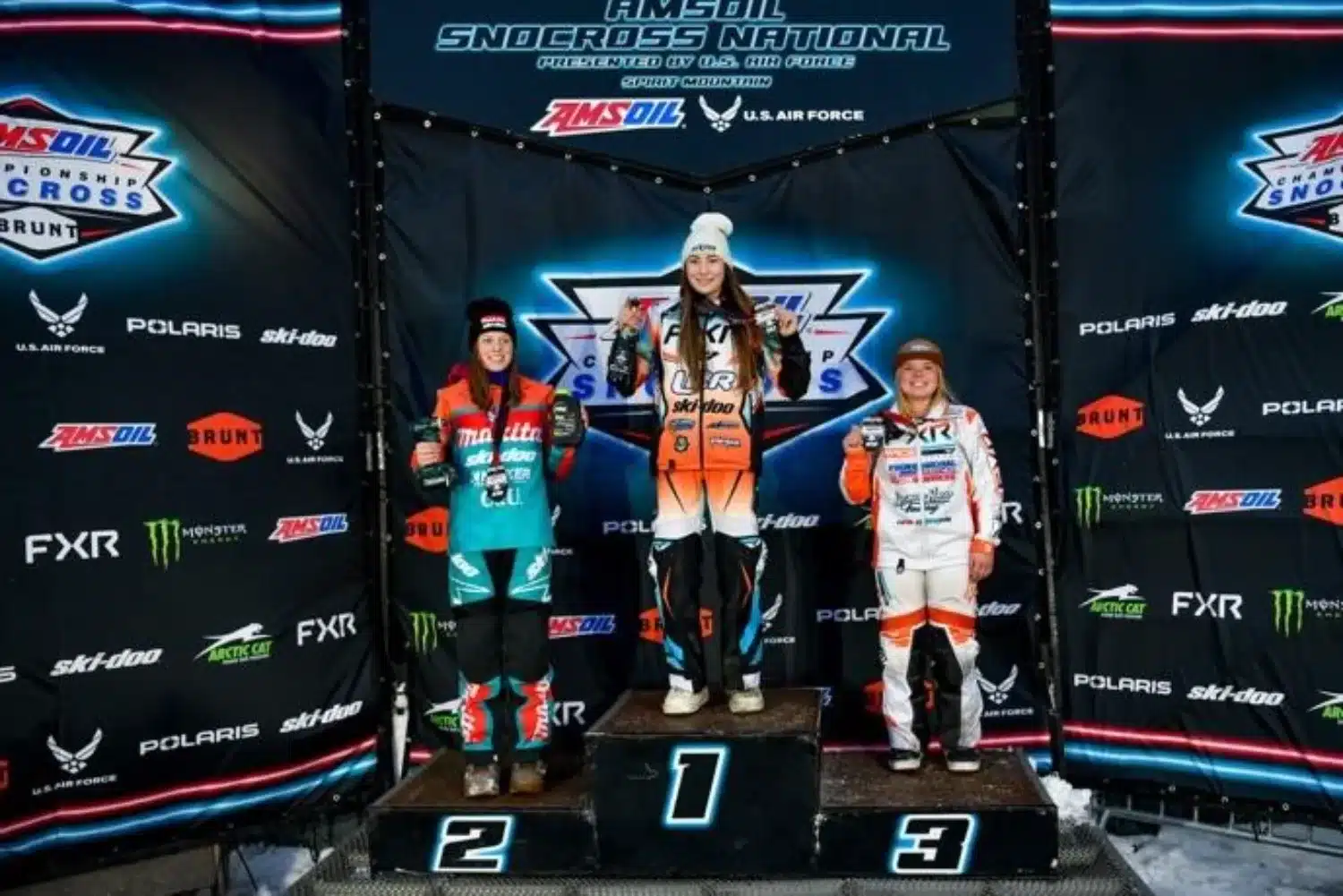A Podium sweep for Ski-Doo riders with Victoria Dillion, Naeli Lebel and Kendall Rose on Friday, at the ISOC Snocross National in Duluth, Minnesota.