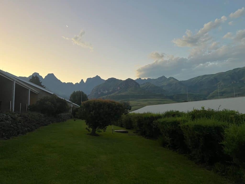 The silhouette of the Drakensberg Mountains at nightfall.