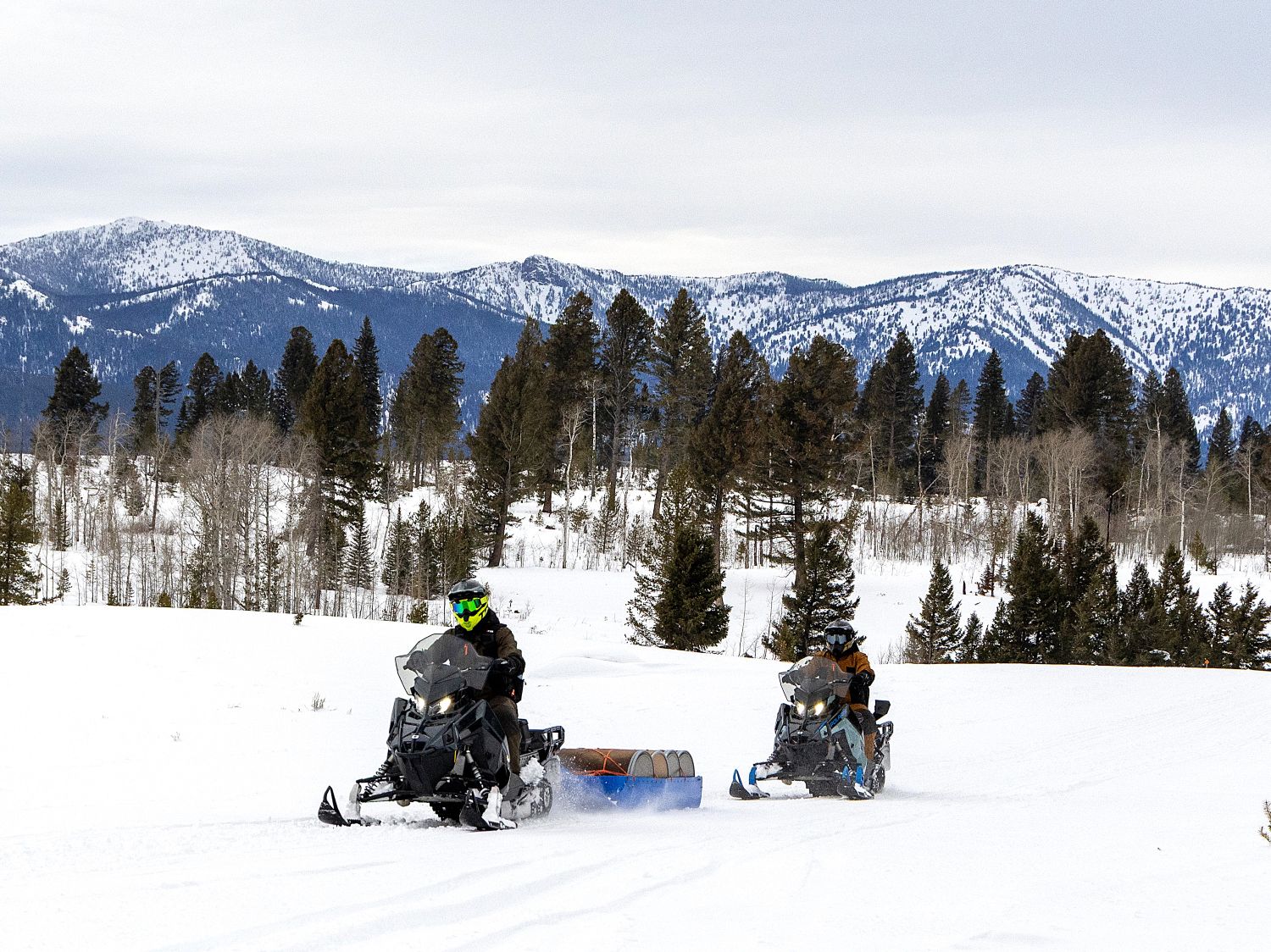 Two Polaris Voyageur snowmobiles at work, demonstrating their versatility.